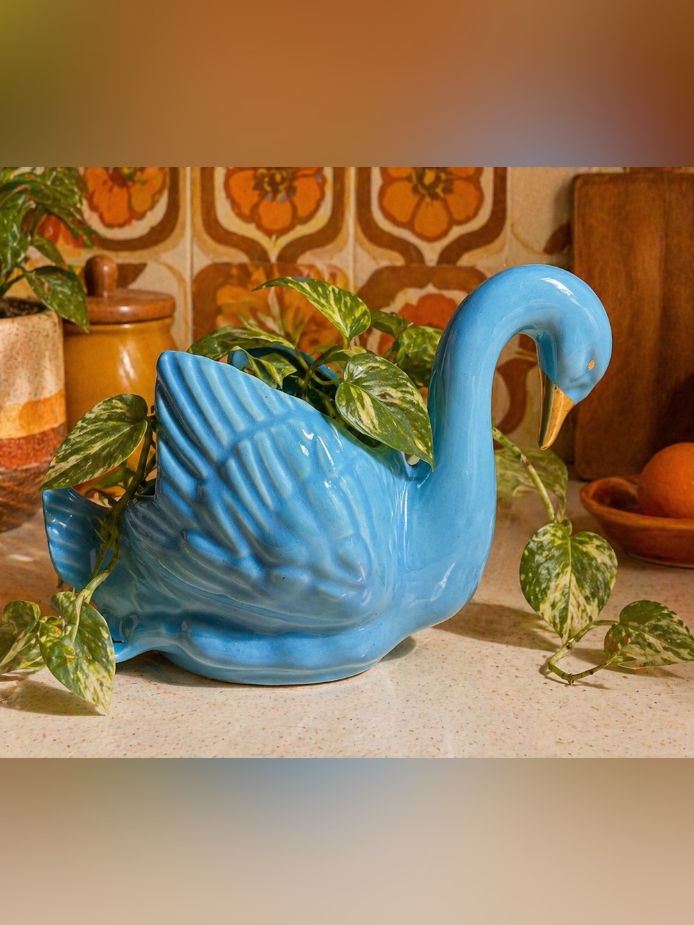 Vintage Porcelain Swan Planter Turquoise Blue w/ Gold Accents MCM